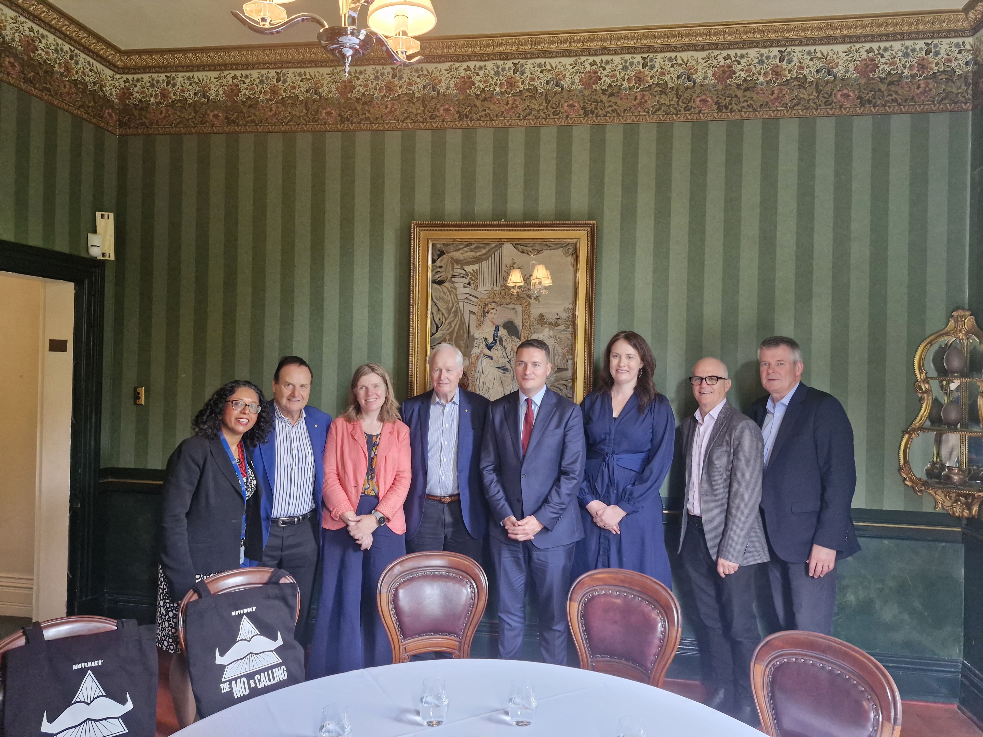 From L-R, Ms Malar Thiagarajan, Director, Major Initiatives, Partnerships and Government; Professor Stephen Davis AO, Director of Melbourne Brain Centre; Professor Alicia Spittle, Associate Dean of Research; Professor Geoffrey Donnan AO, Melbourne Brain Centre; Mr Wes Streeting, Shadow Secretary of State for Health and Social Care; Ms Miriam Cahir, Manager, International Strategic Relationships; Professor Mike McGuckin, Deputy Dean; and, Professor Mark Hargreaves, Acting Deputy Vice-Chancellor (Research) Group photo of University, Faculty and research leaders with Mr Wes Streeting, UK Shadow Secretary of State for Health and Social Care