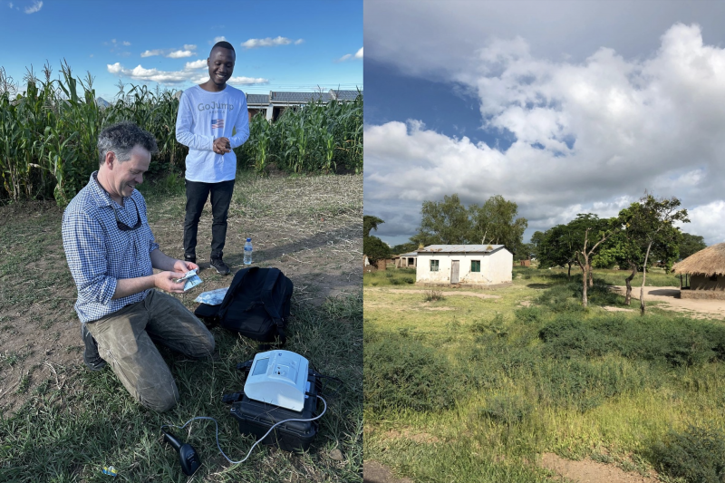Jack sets up device in the grass next to Nyasha in a cornfield.