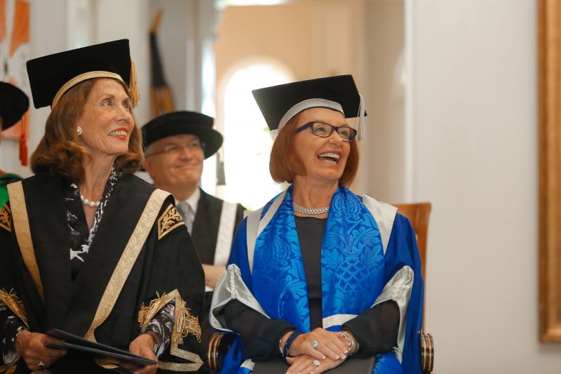 Ms Kay Van Norton Poche AO (right) with former Chancellor Elizabeth Alexander AO at a University of Melbourne Fellows Awards Ceremony in 2015.