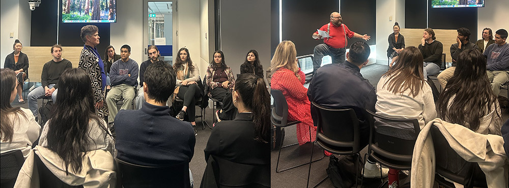 students partaking in the workshop. students sitting in a circle facing the speaker