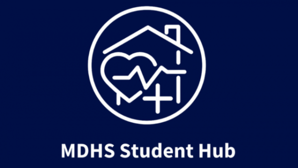 Words 'MDHS Student Hub' integrated with house and medical symbols