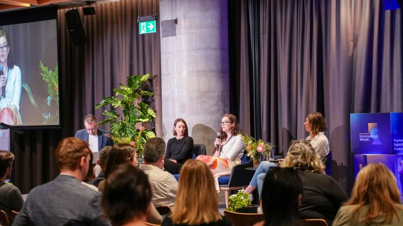 Dr Olivia Metcalf speaking at a panel event for Melbourne Connect Innovation Week