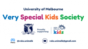 Logo with the words Very Special Kids, sponsorship partners (Unimelb, Very Special Kids), includes a child's drawing of a face