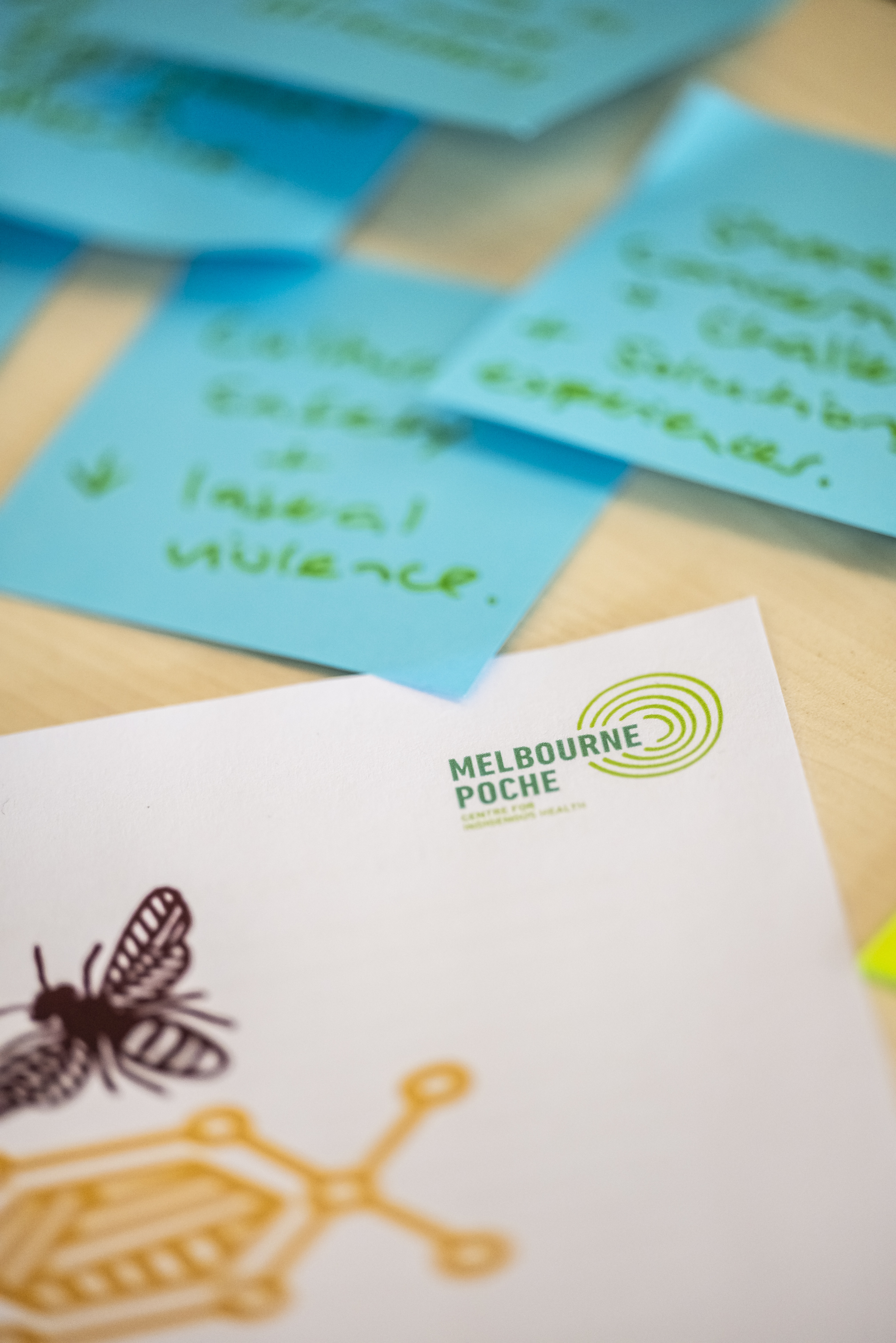 Closeup of some post-it notes at the Melbourne Poche Indigenous Health Leadership Program conference, 2025.