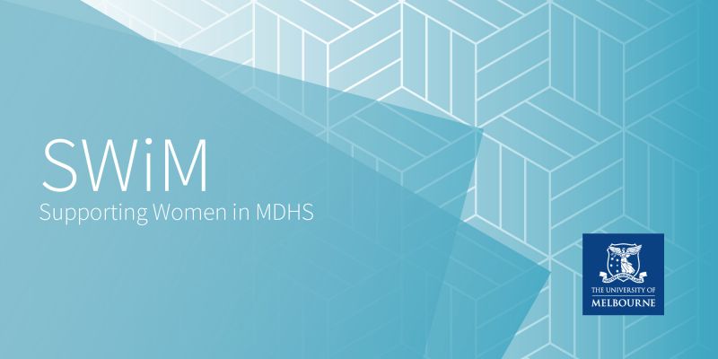 SWiM Supporting Women in MDHS on light teal coloured background with Unimelb logo