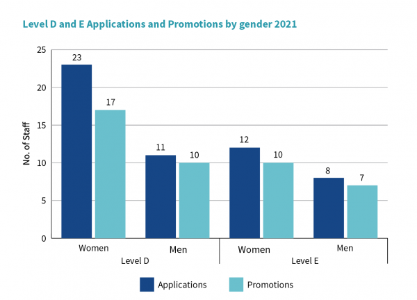 Applications and Promotions Column Chart by gender and academic level, 2021