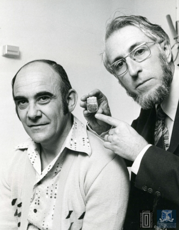 Rod Saunders, the world’s first multi-channel cochlear implant recipient, with Professor Graeme Clark.