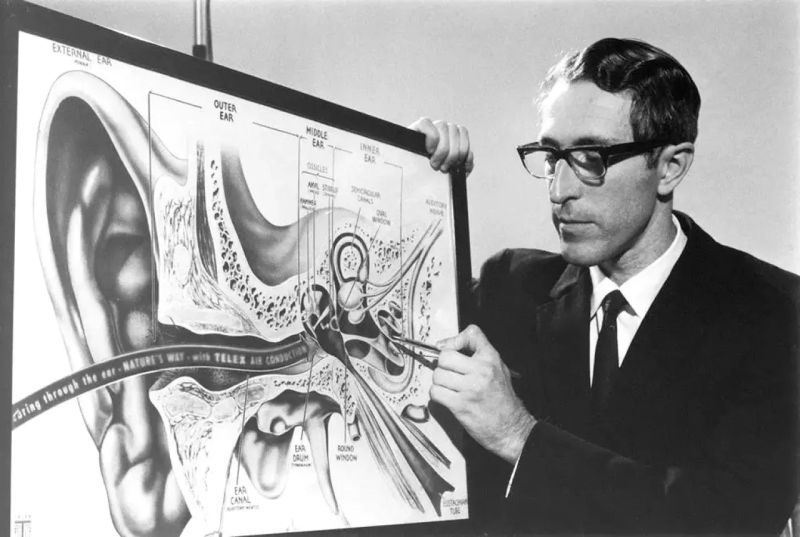 Professor Graeme Clark AC explaining his proposed research on the inner ear in 1970.