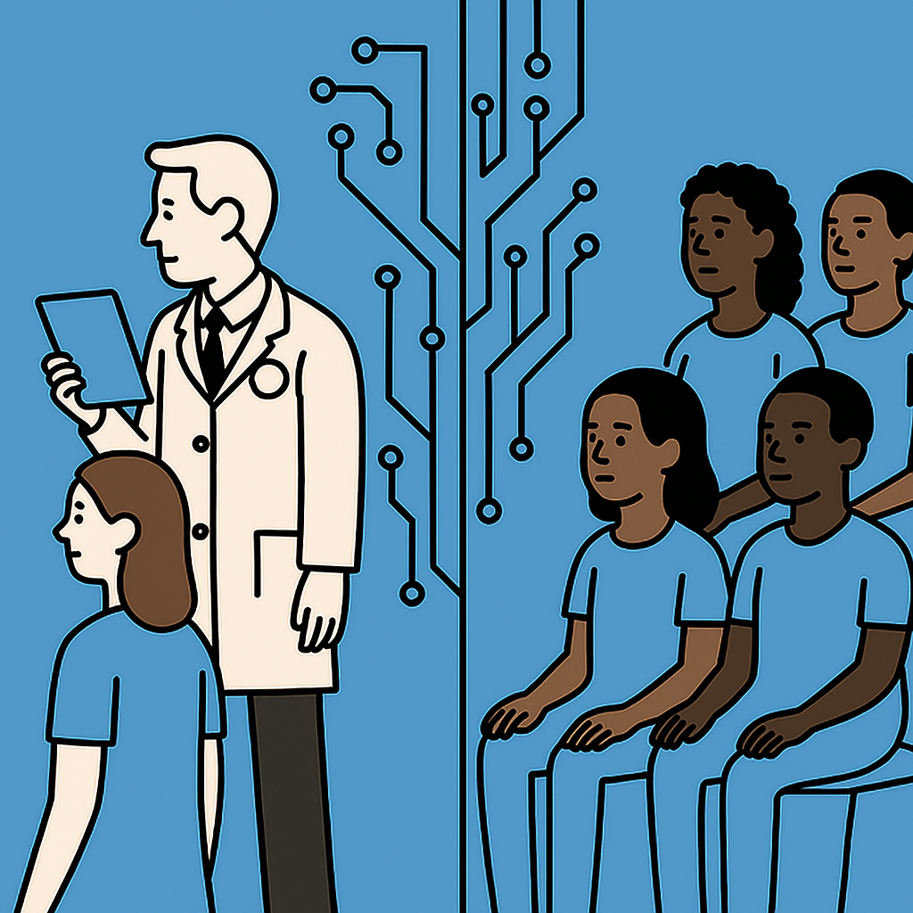 Image shows digital barrier between a white doctor and black patients