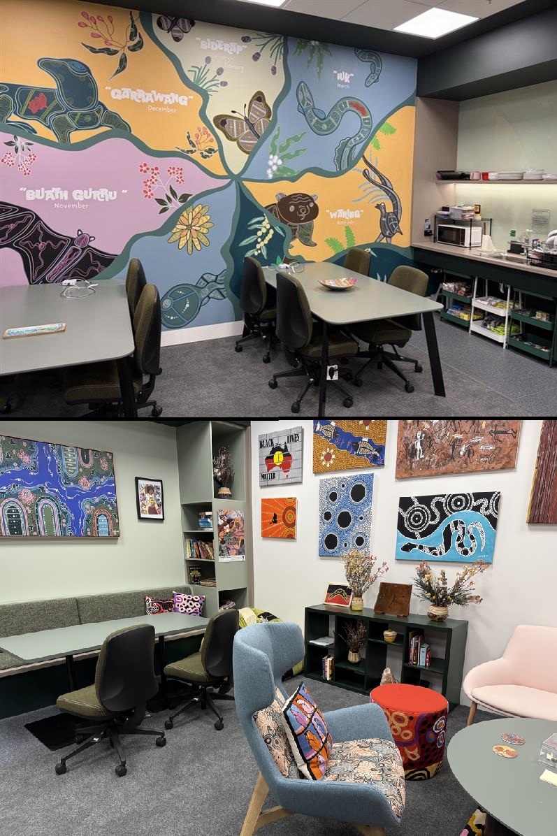 Two perspectives of the study space, a large room with a lot of artwork, desks, couches and kitchenette.