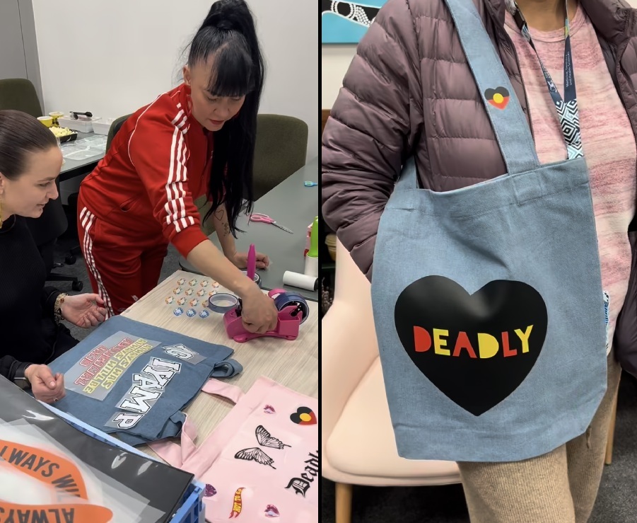 Two images from the tote bag workshop, one of a tote bag on a table, decoration in process with decals laid out on it and the other of a finished product being modelled worn over the shoulder.