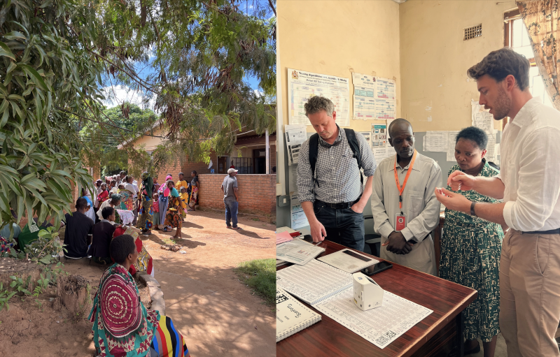 Patients wait under a tree outside a rural health clinic. Inside the clinic, George and Jack do a demonstration on the small device shown on a wooden table.